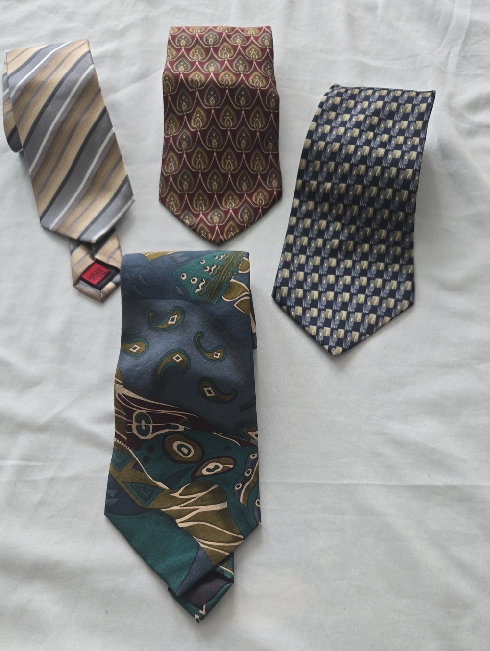 Men's Teal and Navy Patterned Silk Tie - Unbranded, Set Of 4 . 12B0396